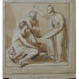 Old Master drawing, 1707, Perseus arm'd by Pallas and Mercury, pen and wash