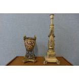 A gilt metal and Amari porcelain centrepiece, a/f and a table lamp