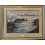 Jersey, Channel Islands, 1956, gouache and watercolour, Seascape and Lighthouse, indistinctly