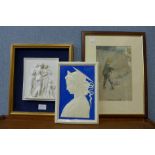 A Lawson Wood print, classical style plaque and a porcelain plaque