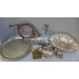 A WMF plated tray, metalwares, a military bugle, etc.