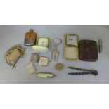 Assorted items including a hip flask, vesta cases, travel clocks, etc.