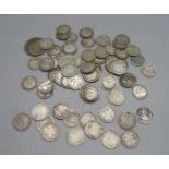 a collection of silver coins, most pre 1920 3d coins, 94g