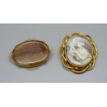 A 9ct gold framed agate brooch and a cameo brooch, agate stone 42mm wide