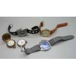 Five watches, Seiko, Russian, Neuvex with World Time bezel, Elgin and a fob watch