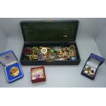 Costume jewellery including Hollywood and Aynsley, other brooches and two silver stone set rings,