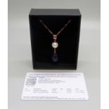 A silver gilt, Kaori pearl and Zambian amethyst set pendant and chain, with certificate