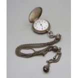 A silver full hunter fob watch on a white metal Albertina chain