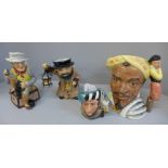 A collection of four character jugs; Roy Kirkham Night Watchman, Royal Doulton Othello, Royal