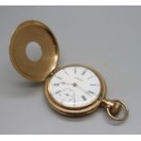 A gold plated half hunter pocket watch by A.W.W. Co., Waltham, Mass., retailed by Capt. Skea,