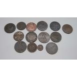 A collection of old bronze tokens, etc.