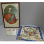 A framed Prince of Wales silk, a 1902 Coronation handkerchief, two postcards and a brooch