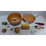 A collar box and contents including dominoes, match holder/striker, treen items etc.