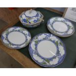 Six Royal Doulton Merryweather dinner plates, a tureen and a small serving plate