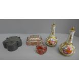 A pewter inkwell, an oriental weight, a cranberry cut glass scent bottle and a pair of Crown Derby