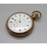 An open faced gold plated Waltham Traveler pocket watch, 10 year case