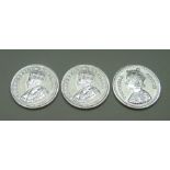 Three collectors coins, each 10 gms of pure silver