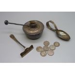 Seven 3d coins, a silver burner, a silver spoon and a silver pusher