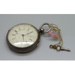 A silver pocket watch, centre seconds chronograph, Chester 1879