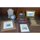 Three Art Deco style wooden picture frames and a collection of small drawings and paintings with