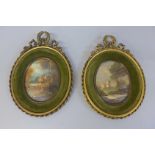 A pair of miniature oval oils in green velvet and gilt resin frames