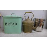 An enamel bread bin, a kettle and a wine bucket **PLEASE NOTE THIS LOT IS NOT ELIGIBLE FOR POSTING