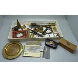 Assorted items, a War Department cylindrical container, snuff box, etc.