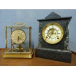 A gilt metal anniversary mantel clock and a black slate belge noir mantel clock