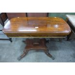 A Victorian figured walnut and Tunbridgeware inlaid fold over games table, on associated base