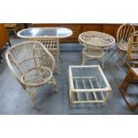 Three vintage bamboo tables and a chair