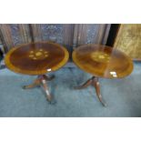 A pair of Regency style inlaid mahogany circular lamp tables