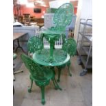 A painted cast alloy garden table and four chairs