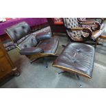A Charles & Ray Eames style simulated rosewood and brown leather revolving lounge chair and stool