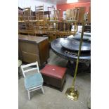 An oak stool, a brass standard lamp and a child's chair