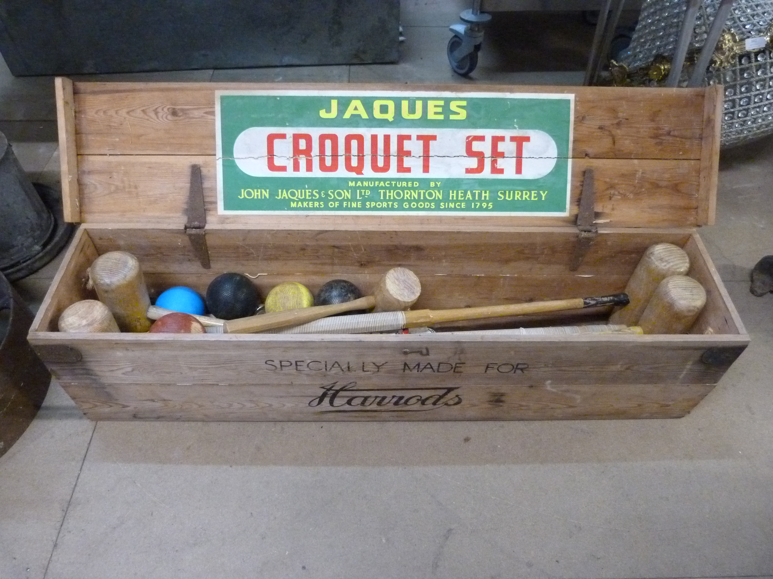 A Jaques pine cased croquet set, retailed by Harrods