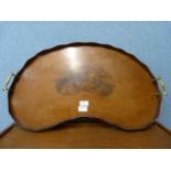 An Edward VII inlaid mahogany kidney shaped serving tray