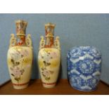 A pair of Japanese hand painted porcelain vases a/f, and one other