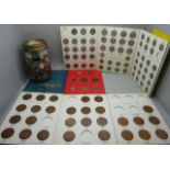 A collection of coins, banknotes and coin folders