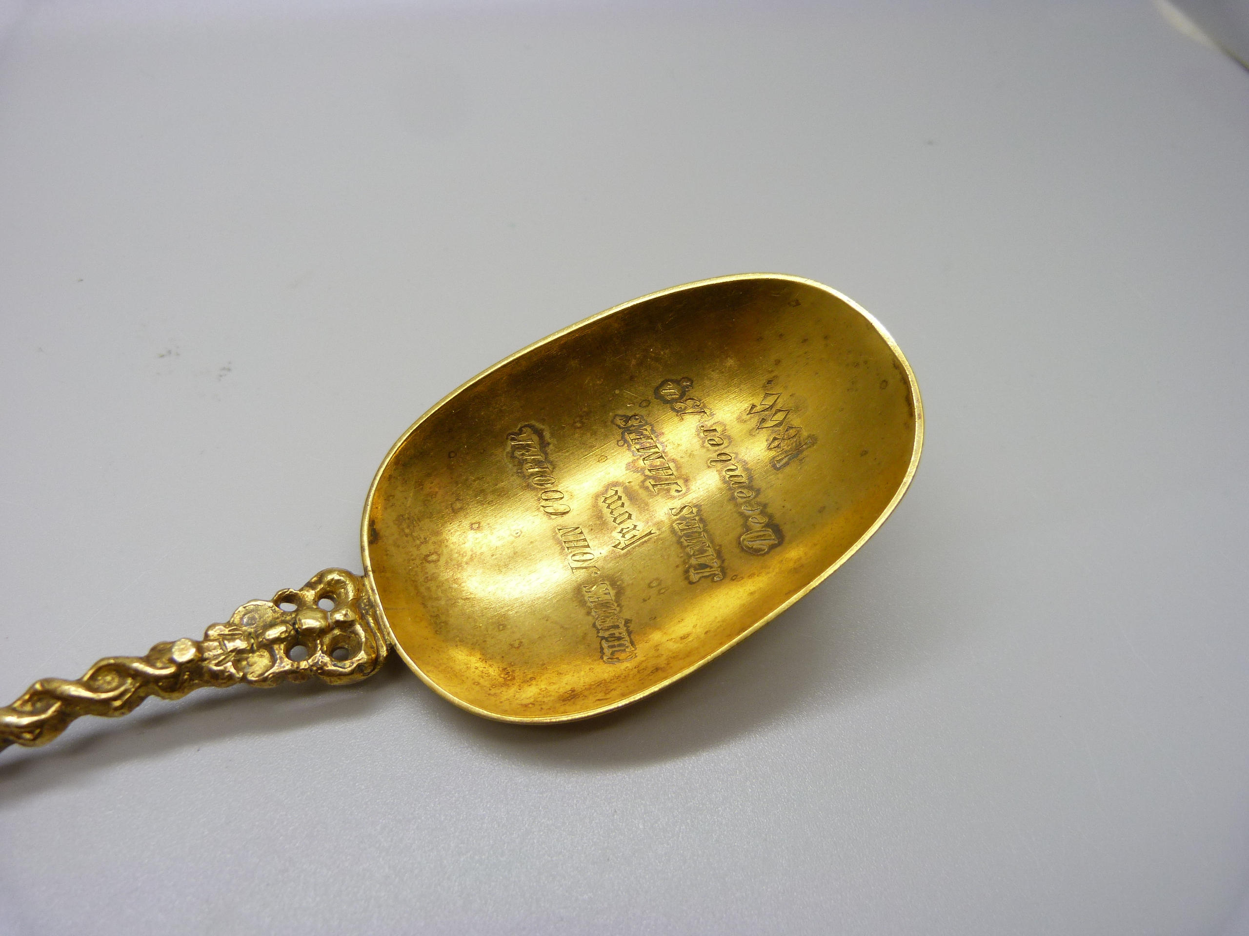 A gilt spoon bearing inscription dated 1866, 'Charles John Cooper from James James December 13th - Image 2 of 3