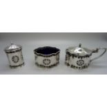 A silver cruet set with blue glass liners, Sheffield 1998, 212g