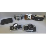 Six vintage cameras including Minolta and Viscount