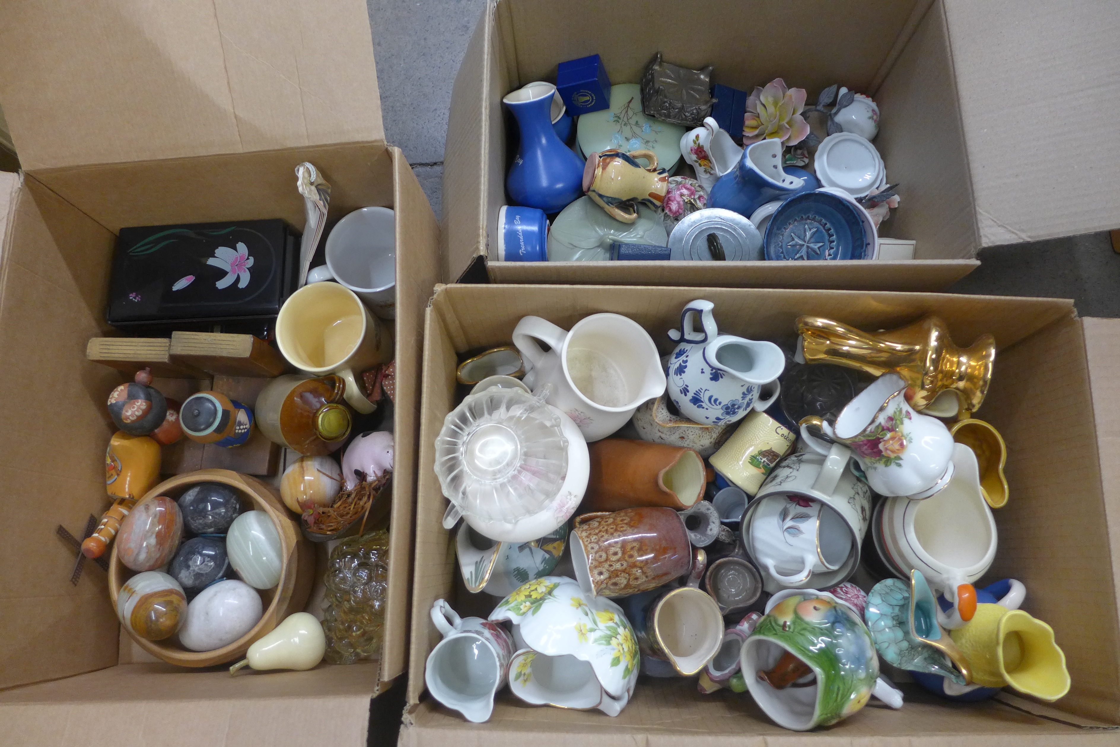 Five boxes of small trinkets, pots, collectables including animal figures, pigs, jugs, pots and