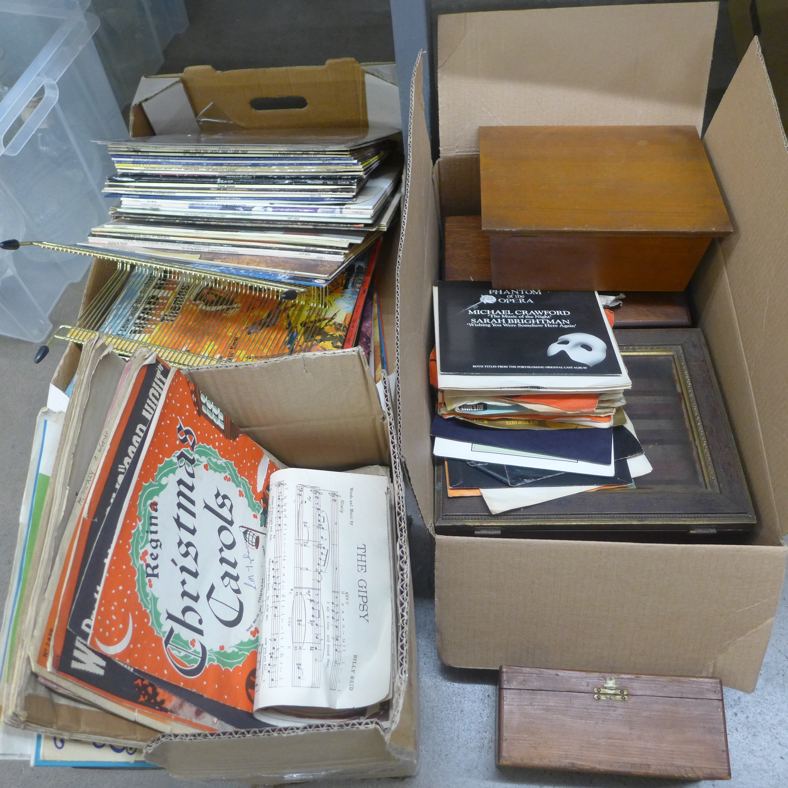 Sheet music and song books, tea card albums, LP records and 7" singles and a collection of