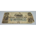 A US The Farmers and Merchants Bank three dollars bank note, 1854