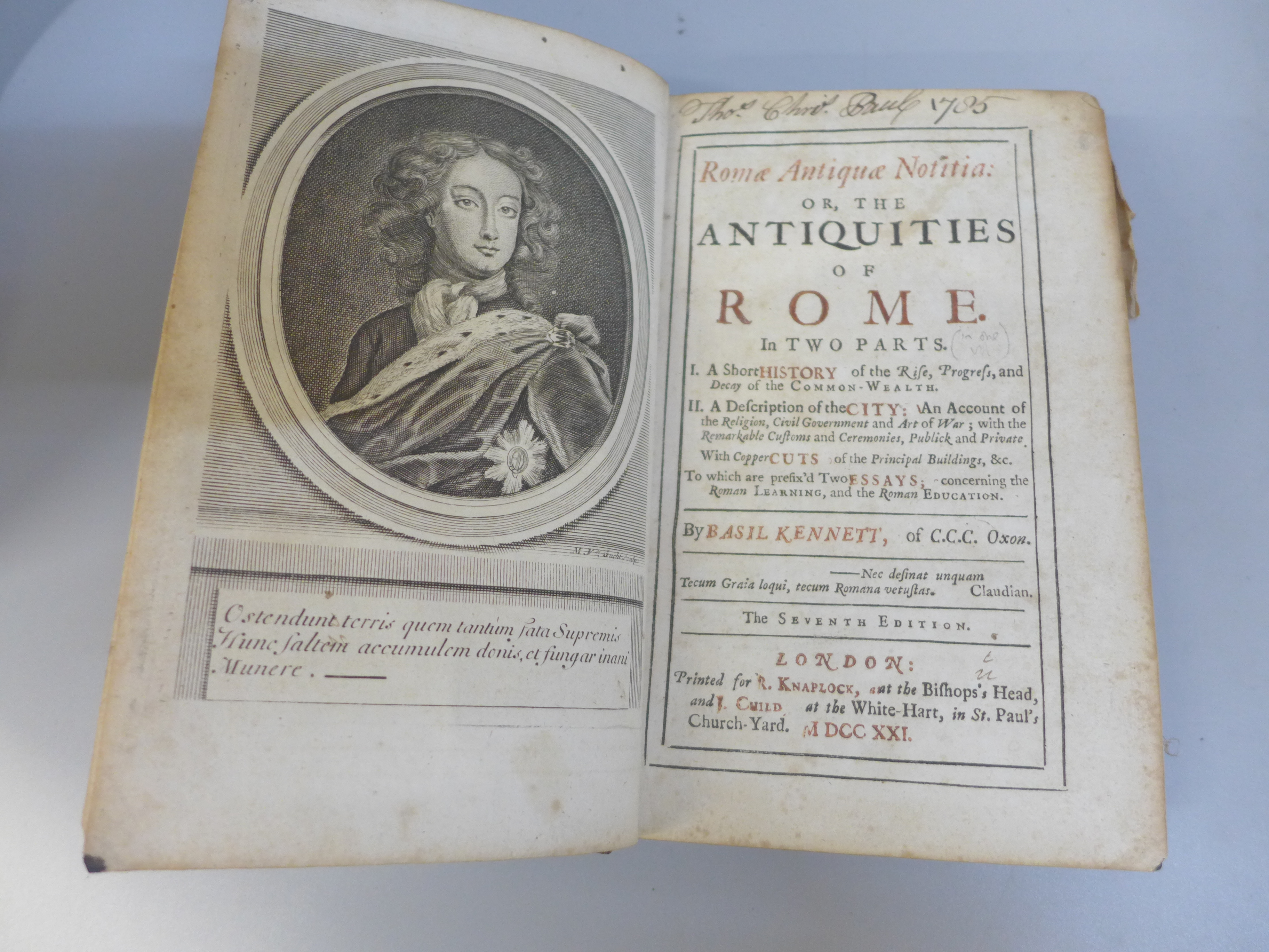 Two volumes, Antiquities of Rome, by Basil Kennett, The Seventh Edition, MDCCXXI and History of - Image 3 of 4