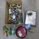 A box of mixed oriental items; cloisonne vases, soapstone carving, prints, etc.