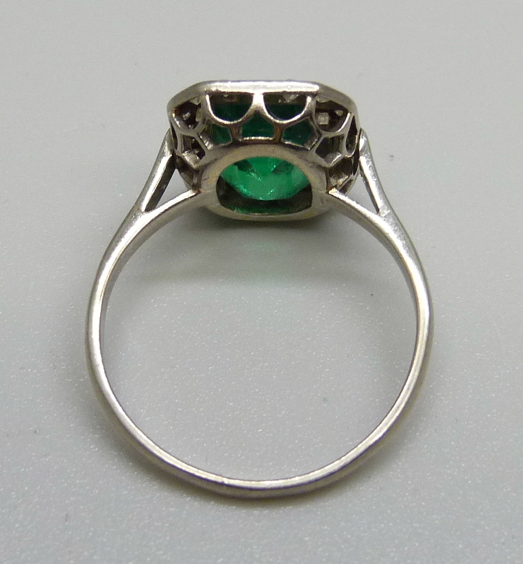 A white metal set Art Deco diamond and green stone ring, green stone a/f (large chip on one corner - Image 3 of 3