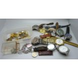 A collection of wristwatches and costume chains and bracelets