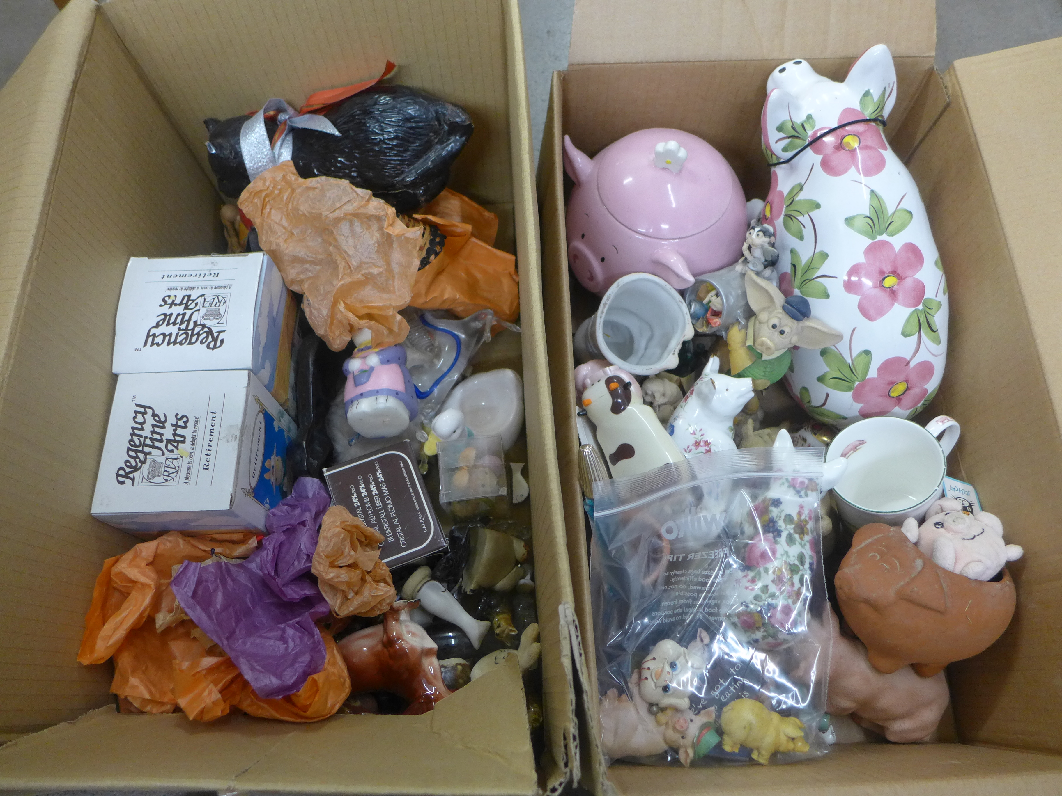 Five boxes of small trinkets, pots, collectables including animal figures, pigs, jugs, pots and - Image 5 of 7