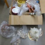A box of assorted shells including shell covered table lamp and a large conch shell **PLEASE NOTE